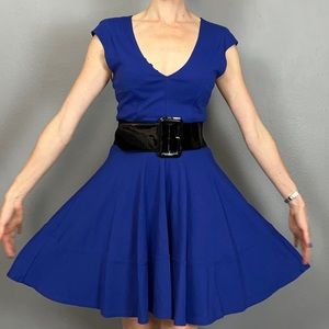 eight sixty V neck full skirt blue dress, size Small